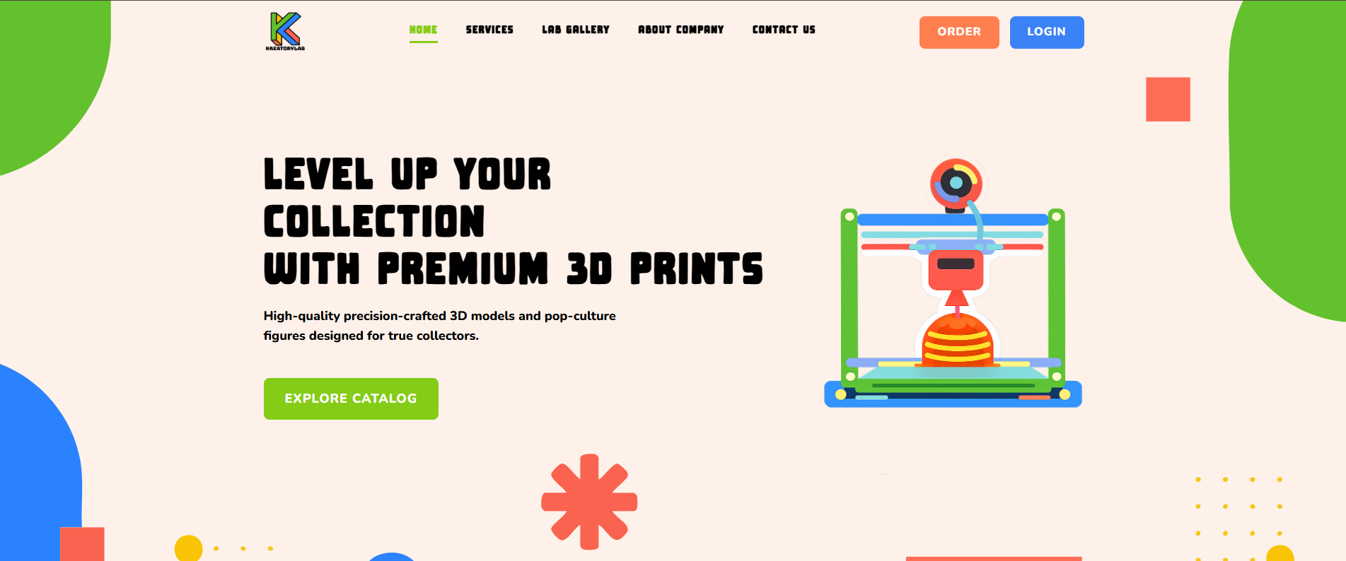 Kreatorylab homepage with the Order button in the top right corner