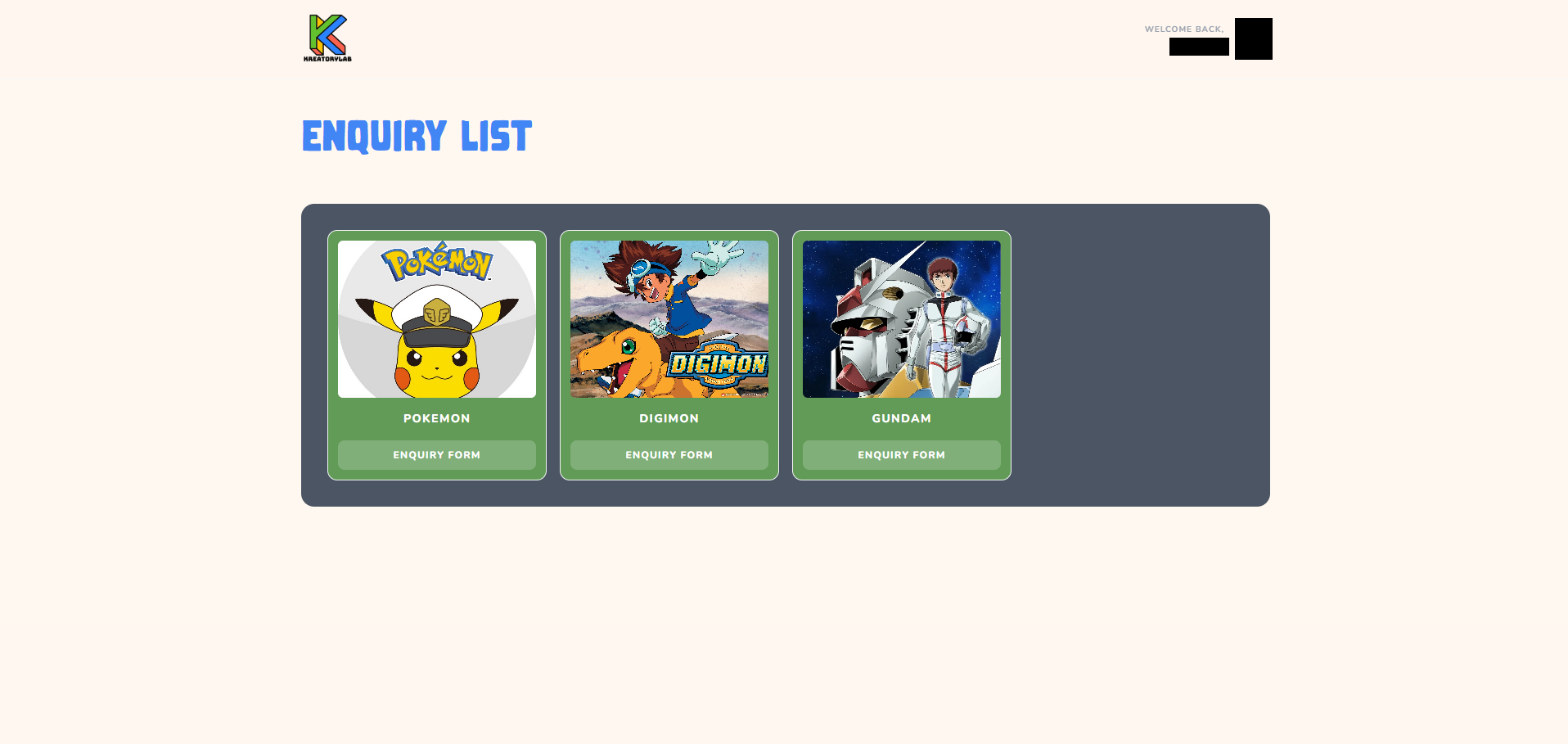 Category selection: Pokemon, Digimon, and Gundam