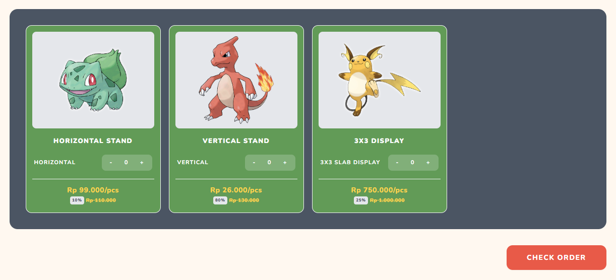 Product list with a quantity selector and the Check Order button