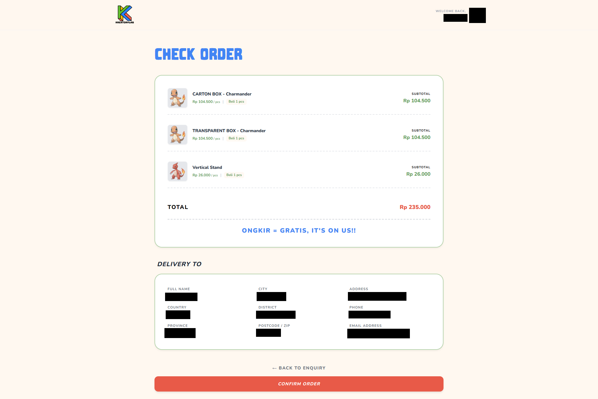 Check Order page showing a product summary and delivery details
